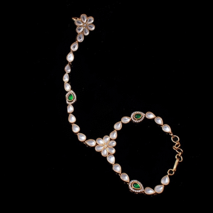 Gold-Plated Kundan Hathphool Bracelet with Adjustable Ring