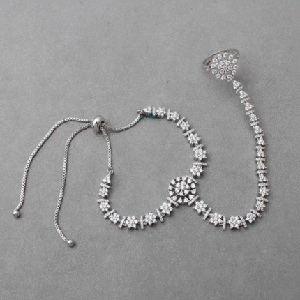 Rhodium/Gold Plated CZ Hathphool Bracelet with Adjustable Ring